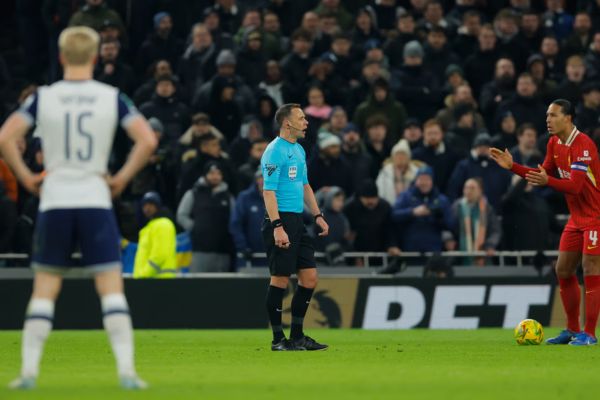 Referee Stuart Attwell addresses the crowd